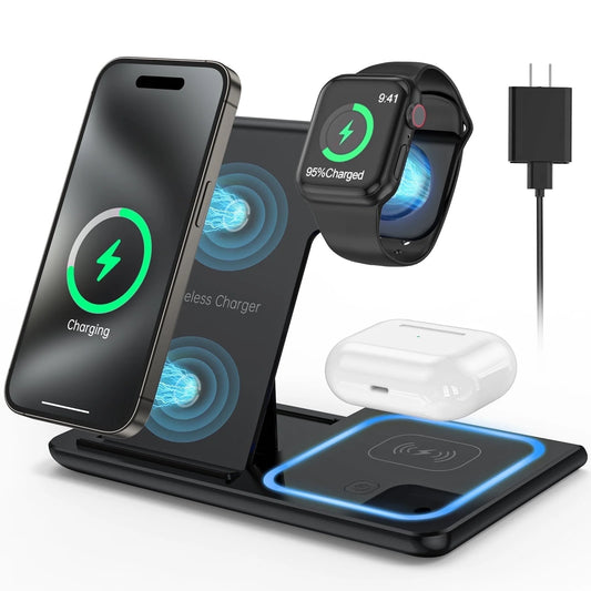 2024 Upgraded Wireless Charging Station, 18W 3 in 1 Charger Station, Fast Charging Dock Stand for Iwatch Series 10/9/8/7/6/SE/5/4/3/2, Compatible with Iphone 16 15 14 13 12 11 Pro/Xs/Samsung & Airpod