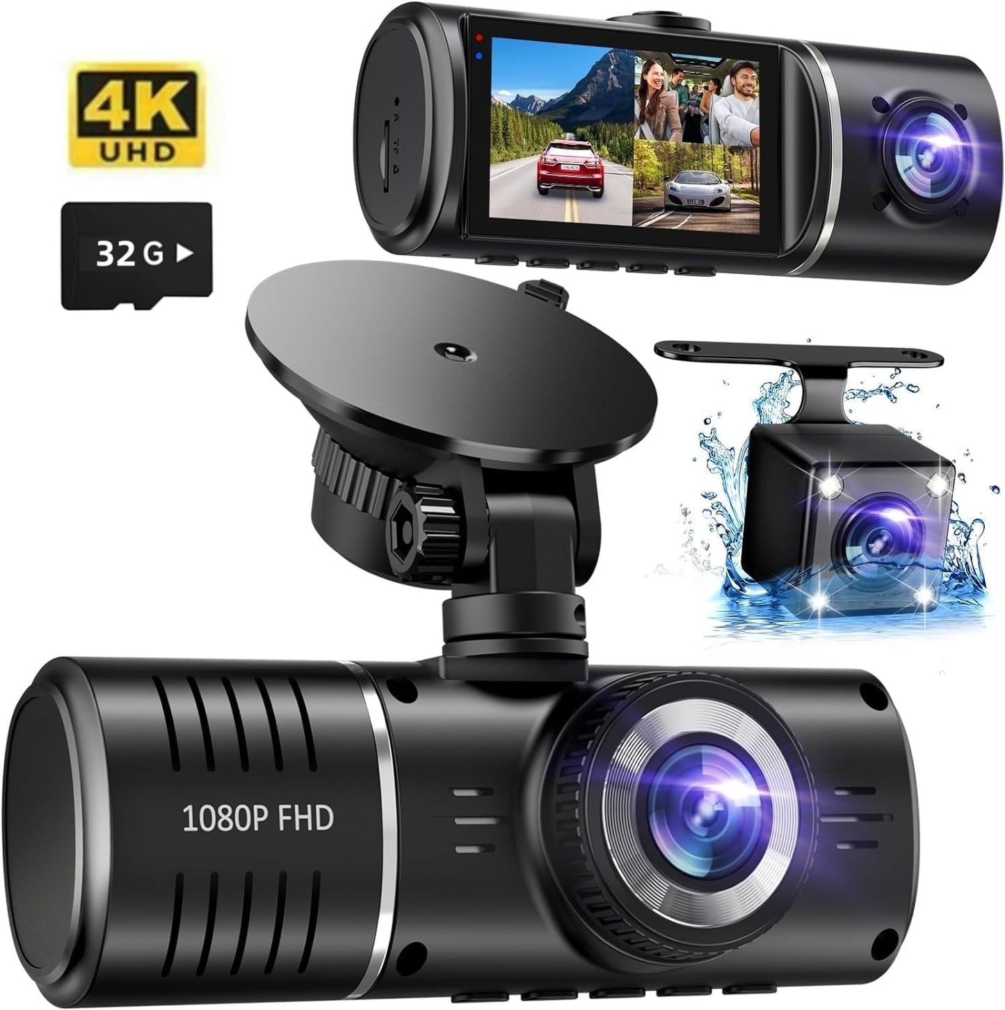 Dash Cam, 3 Channel Dash Cam, 4K+1080P Dash Cam Front and Inside, Triple Dash Cam,Car Night Vision Dash Camera with 32GB Card, HDR, G-Sensor, 24Hr Parking, Front Rear Dash Cam Loop Recording